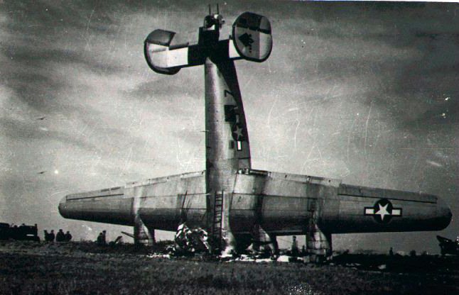 B-24 wrecked & standing on its nose